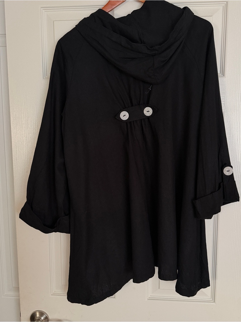 Black Hooded Button-linen blend top